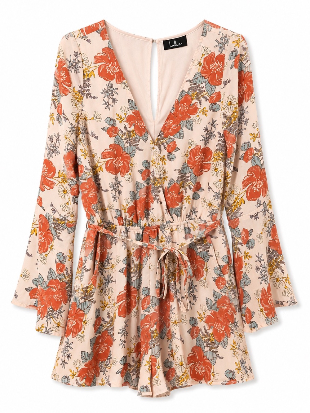 Lulu's Coral Floral Long-Sleeve Tie-Waist Romper